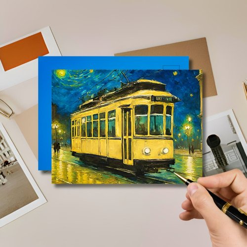 yellow tram on a starry  night _Budapest Postcard