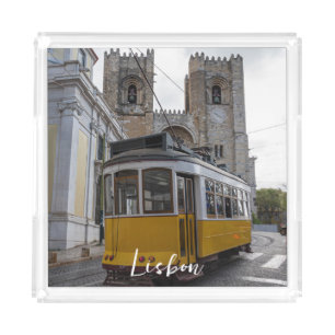 Yellow tram on Lisbon Cathedral in Portugal Acrylic Tray