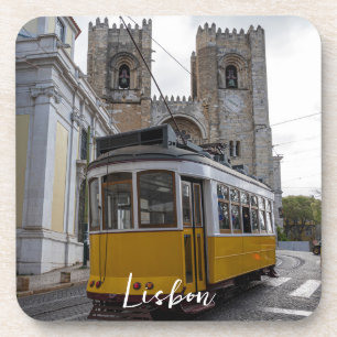 Yellow tram on Lisbon Cathedral in Portugal Beverage Coaster