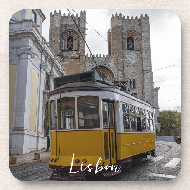 Yellow tram on Lisbon Cathedral in Portugal Beverage Coaster (Front)