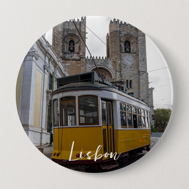 Yellow tram on Lisbon Cathedral in Portugal Button (Front)