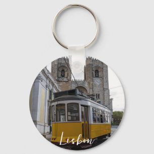 Yellow tram on Lisbon Cathedral in Portugal Keychain