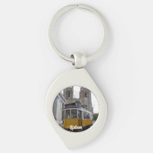 Yellow tram on Lisbon Cathedral in Portugal Keychain