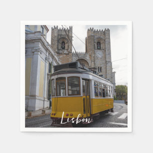 Yellow tram on Lisbon Cathedral in Portugal Napkins