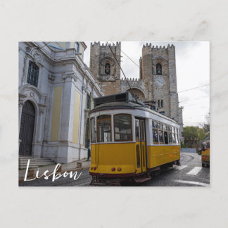 Yellow tram on Lisbon Cathedral in Portugal Postcard