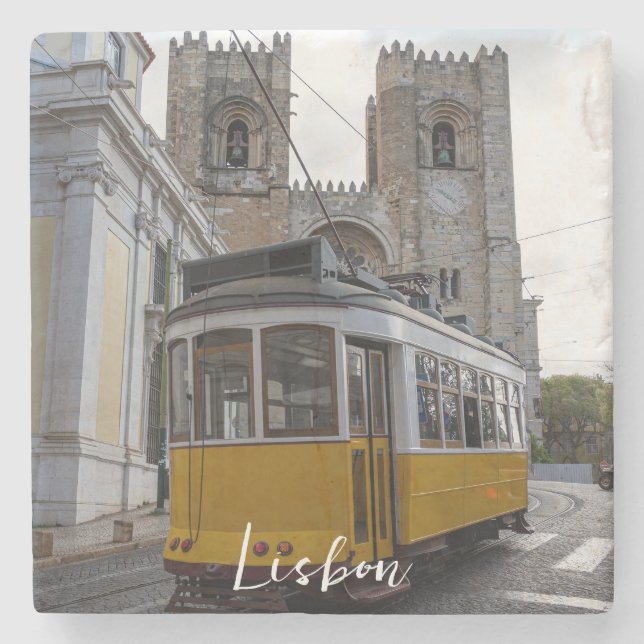 Yellow tram on Lisbon Cathedral in Portugal Stone Coaster (Front)