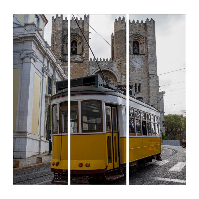 Yellow tram on Lisbon Cathedral in Portugal Triptych (Front)