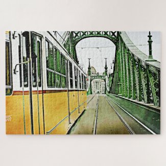 yellow tram on the Liberty bridge -Budapest