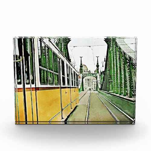 yellow tram on the Liberty bridge _Budapest  Photo Block