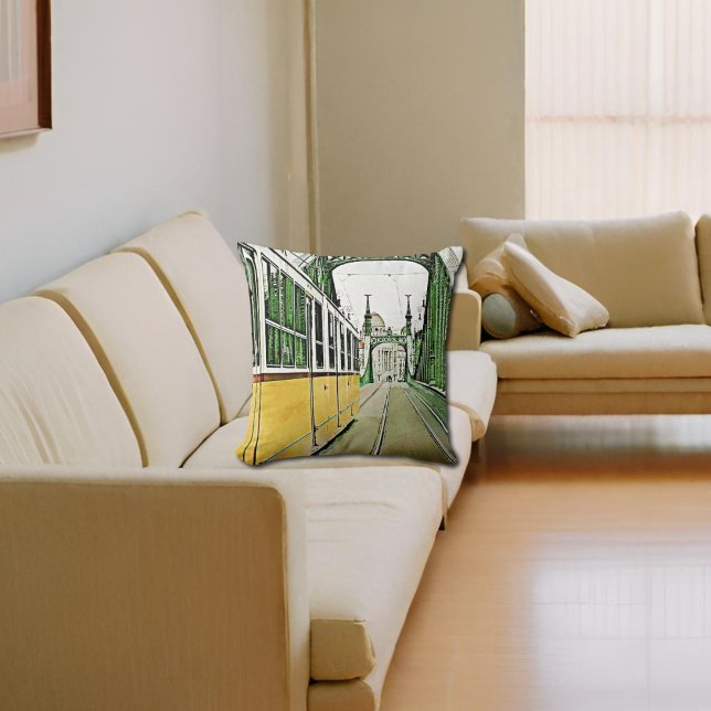 yellow tram on the Liberty bridge Throw Pillow (Creator Uploaded)