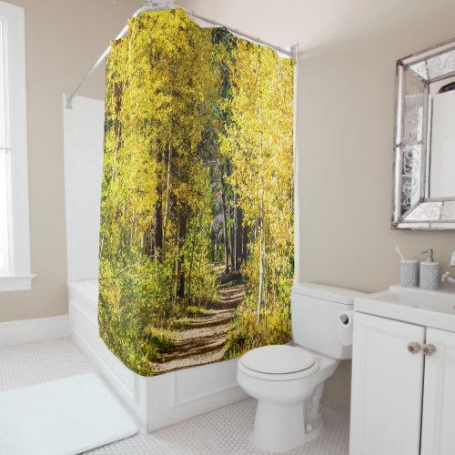 Yellow Tree Road  Hiking in Autumn Shower Curtain