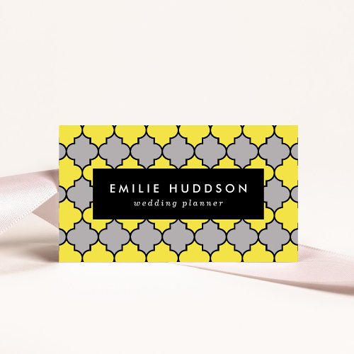 Yellow Trellis Quatrefoil Moroccan Lattice Business Card