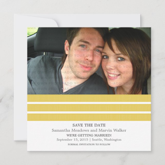 Yellow Triple Stripe Photo Save the Date Invite (Front)