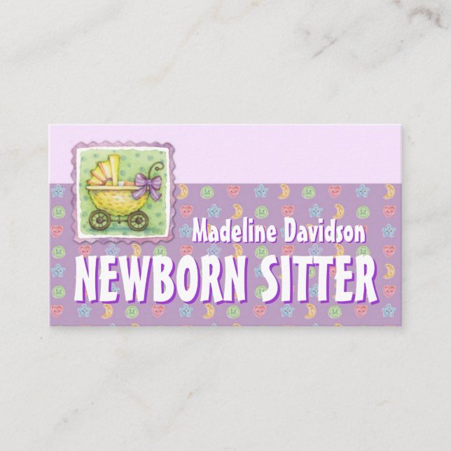 Yellow Trolley Newborn Babysitting Purple Business Card (Front)