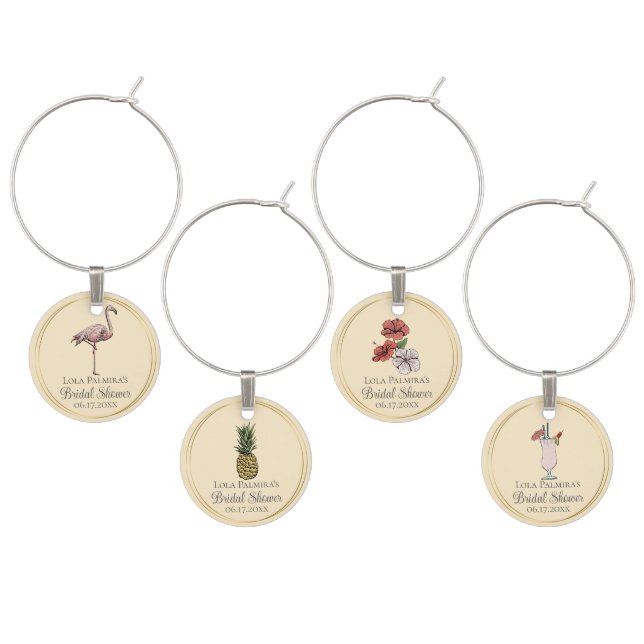 Yellow Tropical Floral Pink Flamingo Bridal Shower Wine Charm (Staggered)