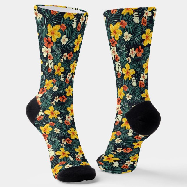 Yellow Tropical Flowers Pattern Socks (Angled)