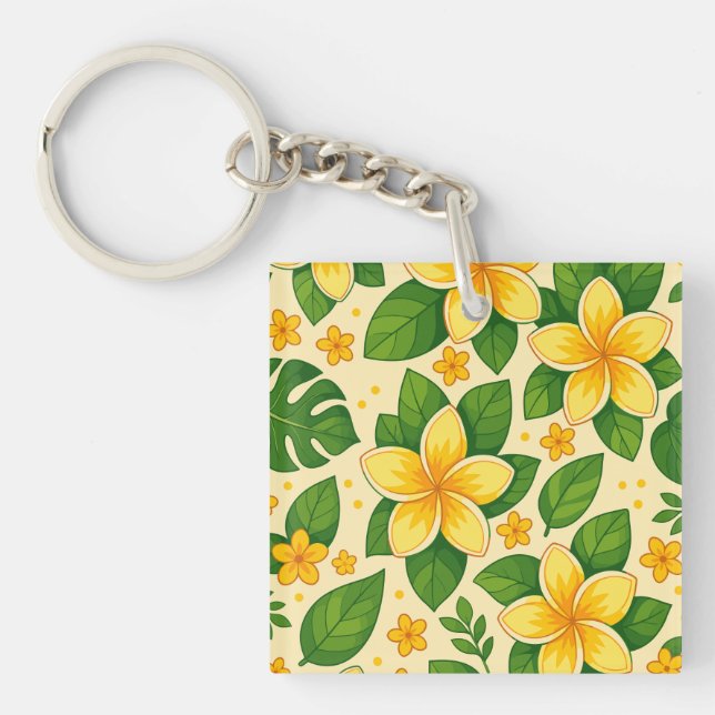 Yellow Tropical Flowers with Lush Green Leaves Keychain (Front)
