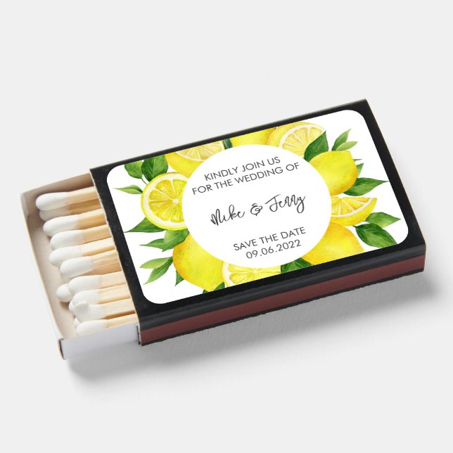 Yellow Tropical Lemon Citrus Monogram Wedding  Matchboxes (Front Open)