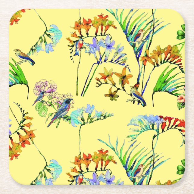 Yellow Tropical Paradise  Square Paper Coaster (Front)