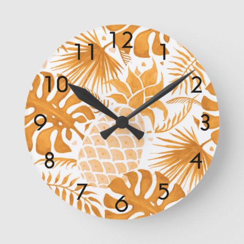 Yellow tropical pineapple golden white botanical round clock