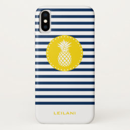 Yellow Tropical Pineapple Navy Stripes Monogram iPhone X Case