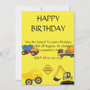 Yellow trucks boy birthday invitation 