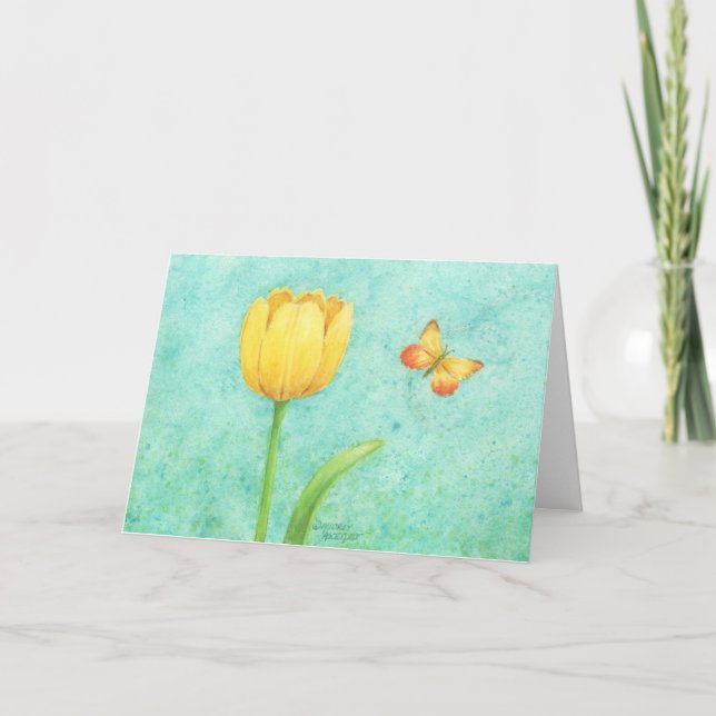 Yellow Tulip and Butterfly Blank Any Occasion Card (Front)