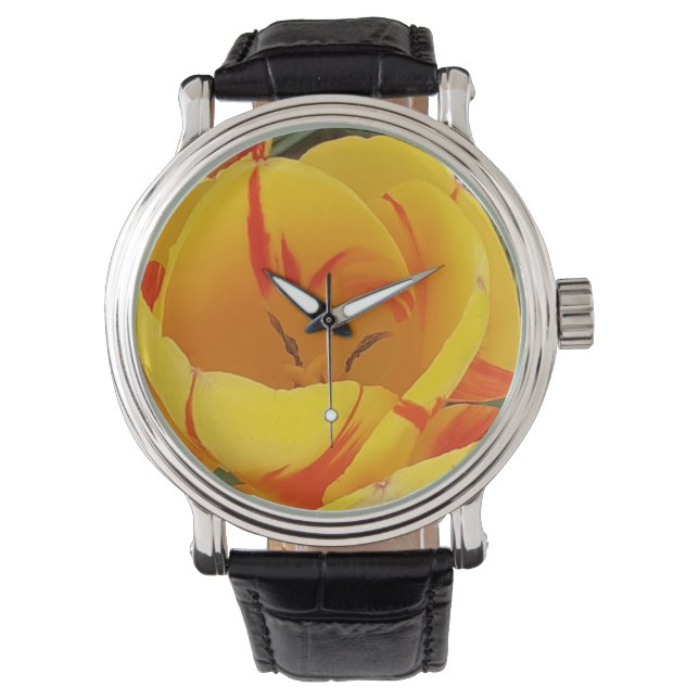 Yellow Tulip Black Strap Watch (Front)