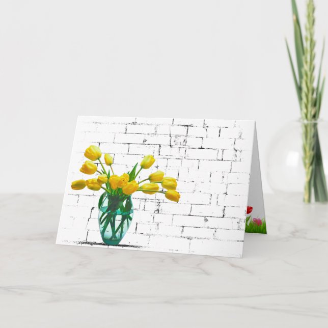 Yellow Tulip Bouquet on Brick Birthday Card (Front)