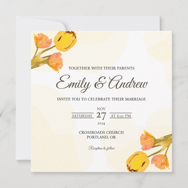 Yellow Tulip Floral Watercolor Square Wedding Invitation (Front)