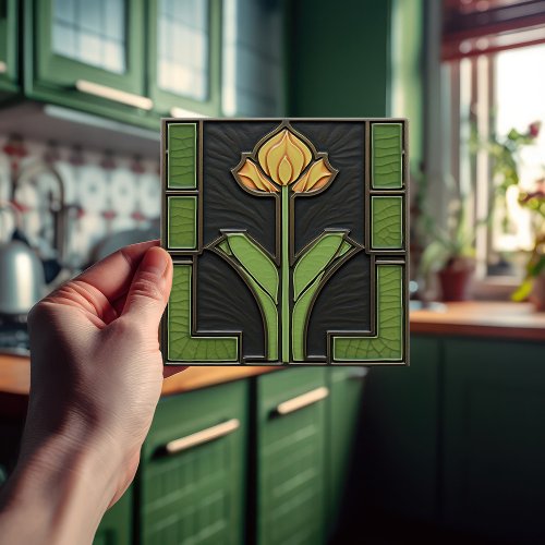 Yellow Tulip Geometrical Flower Mid_Century Ceramic Tile