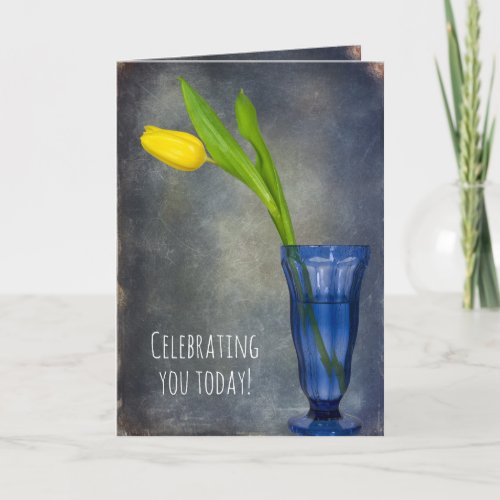 yellow tulip in blue glass birthday card