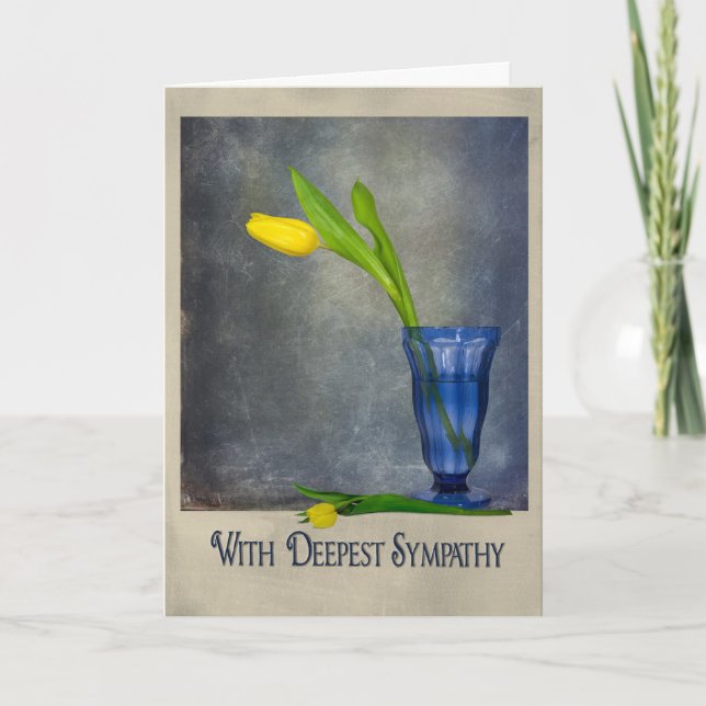 yellow tulip in blue glass sympathy card (Front)