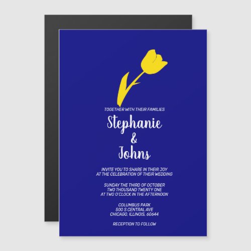 Yellow Tulip Navy Blue Colorful Spring Summer Magnetic Invitation