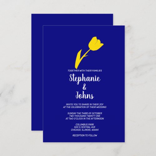 Yellow Tulip Navy Blue Spring Summer Wedding Invitation