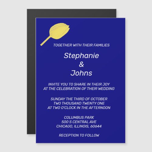 Yellow Tulip Navy Blue White Cute Unique Wedding Magnetic Invitation