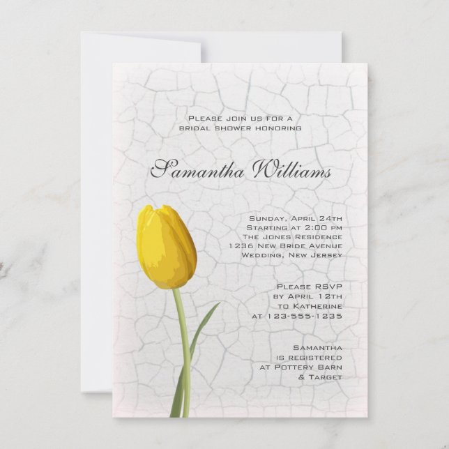 Yellow Tulip on Crackle Paint Bridal Shower Invitation (Front)