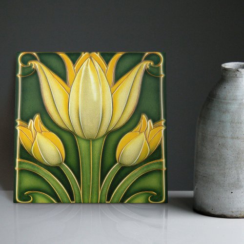 Yellow Tulip Symmetric Wall Decor Art Nouveau Ceramic Tile