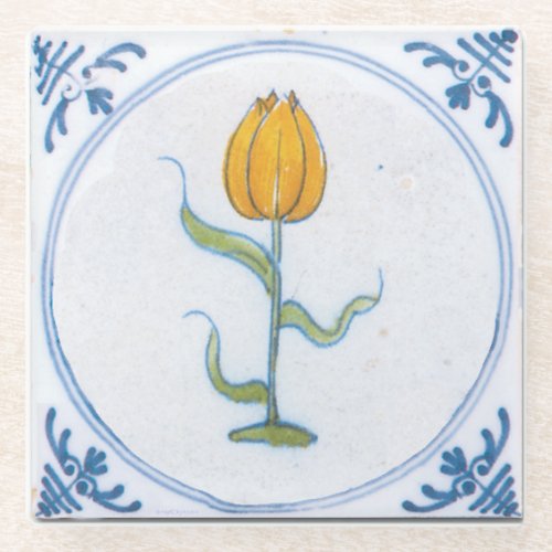 Yellow Tulip Vintage Delft Art  Glass Coaster