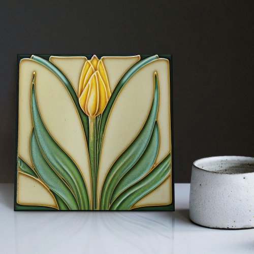 Yellow Tulip Wall Decor Art Nouveau Art Deco Ceramic Tile