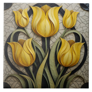 Yellow Tulips Floral Art Nouveau Inspired Nature Ceramic Tile