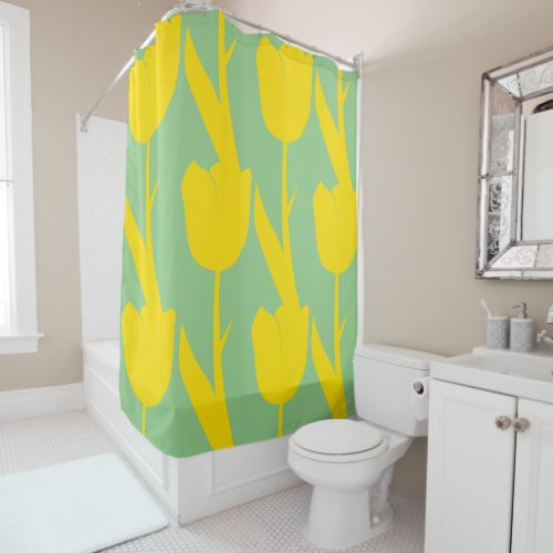 Yellow Tulips Floral Flowers Patterns Sage Green Shower Curtain