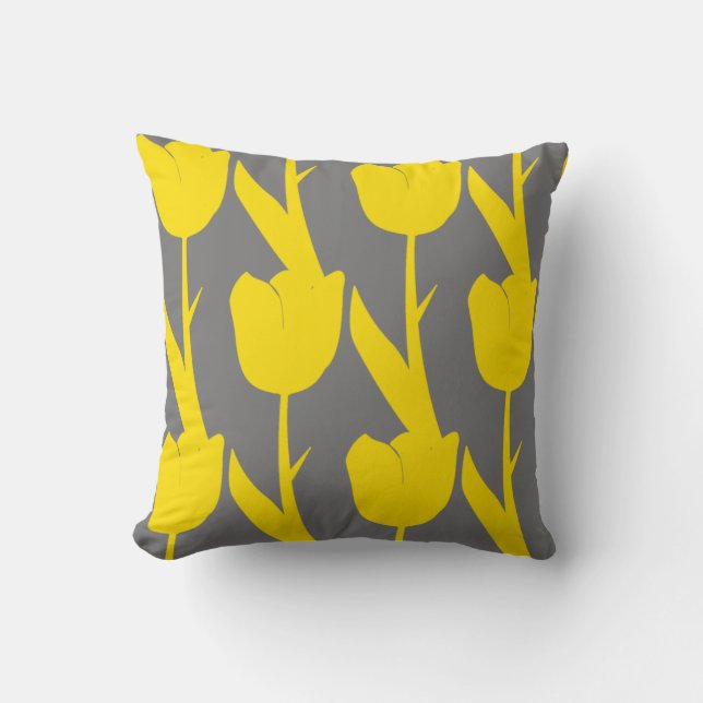 Yellow Tulips Gold Floral Flowers Patterns Gray Throw Pillow (Front)