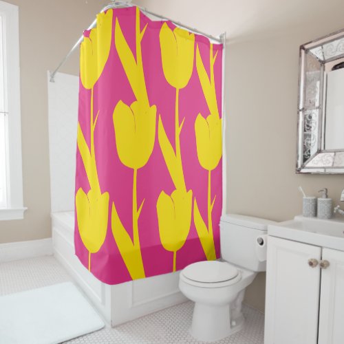 Yellow Tulips Gold Floral Flowers Patterns Pink Shower Curtain