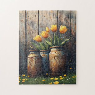 Yellow Tulips in Rustic Cannisters Art Jigsaw Puzzle