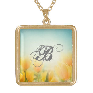 Yellow Tulips & Initial Gold Plated Necklace