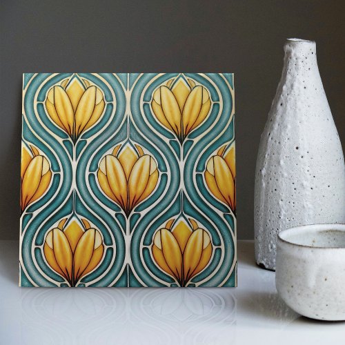 Yellow Tulips on Blue Symmetric Art Nouveau Ceramic Tile