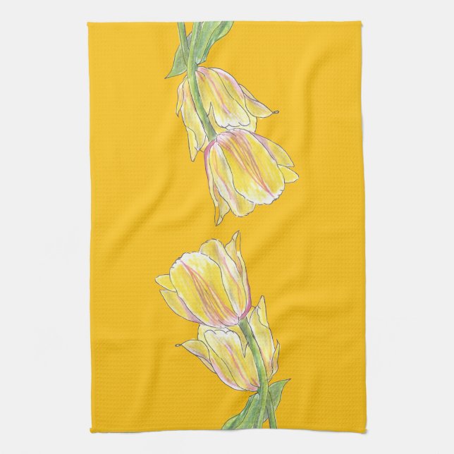 Yellow Tulips on Golden Background Kitchen Towel (Vertical)