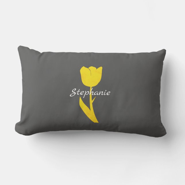 Yellow Tulips Pattern Monograms Floral Grey Custom Lumbar Pillow (Front)