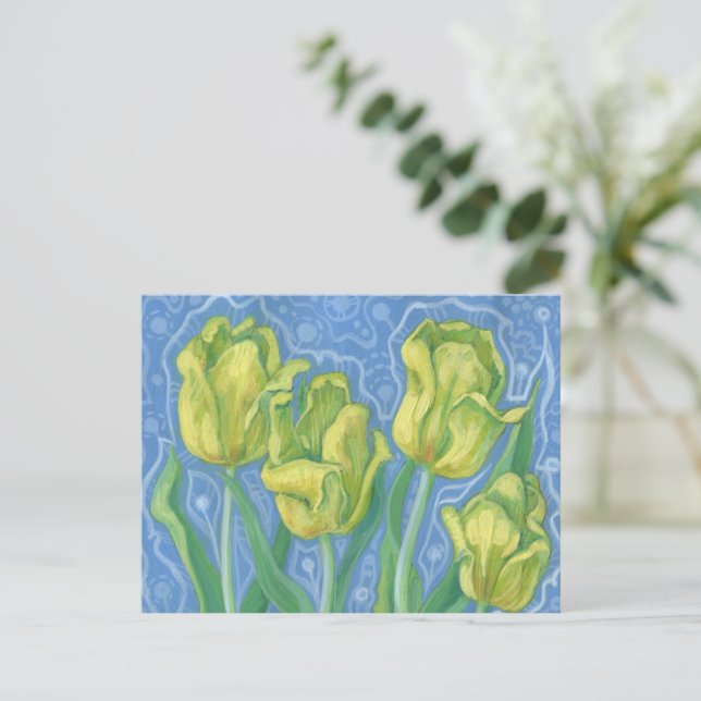 Yellow Tulips, Spring Flowers Floral Art Painting  Postcard (Standing Front)